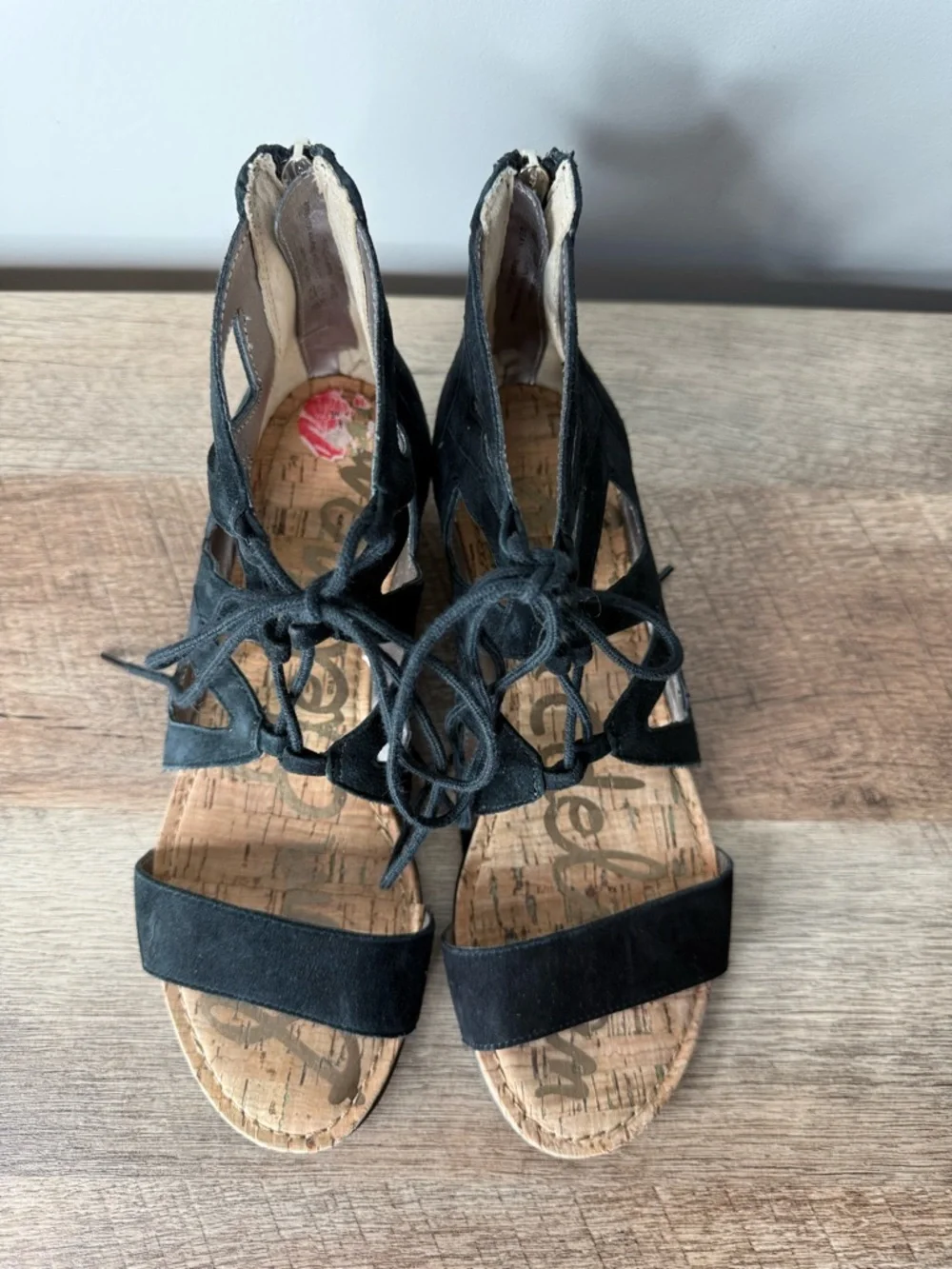 SAM EDELMAN Black Suede Dean Gladiator Sandals Lace Up Cork Zipper Size 7 - Picture 10 of 12